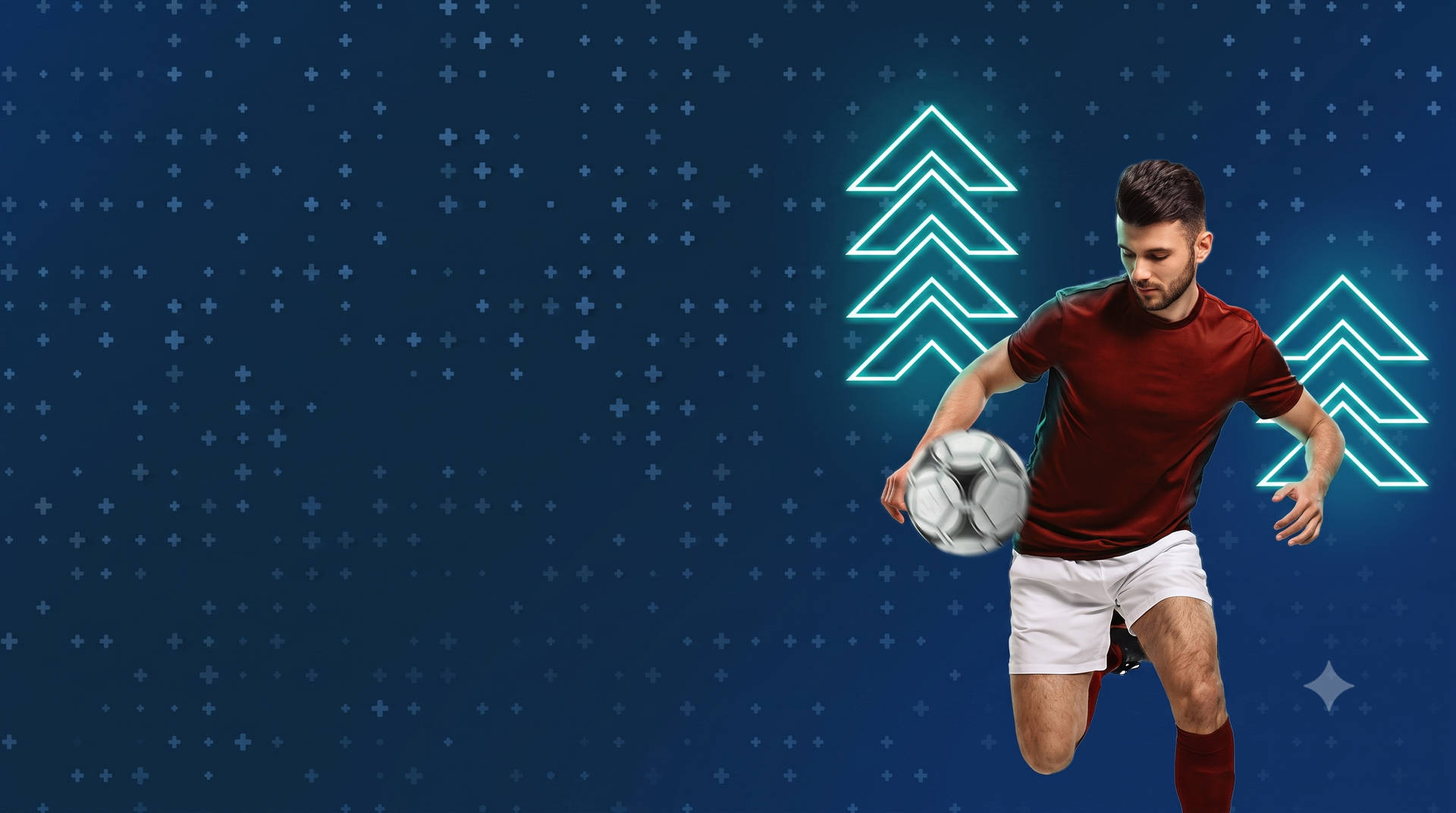 A male soccer player in a red jersey and white shorts controlling a soccer ball in mid-ai