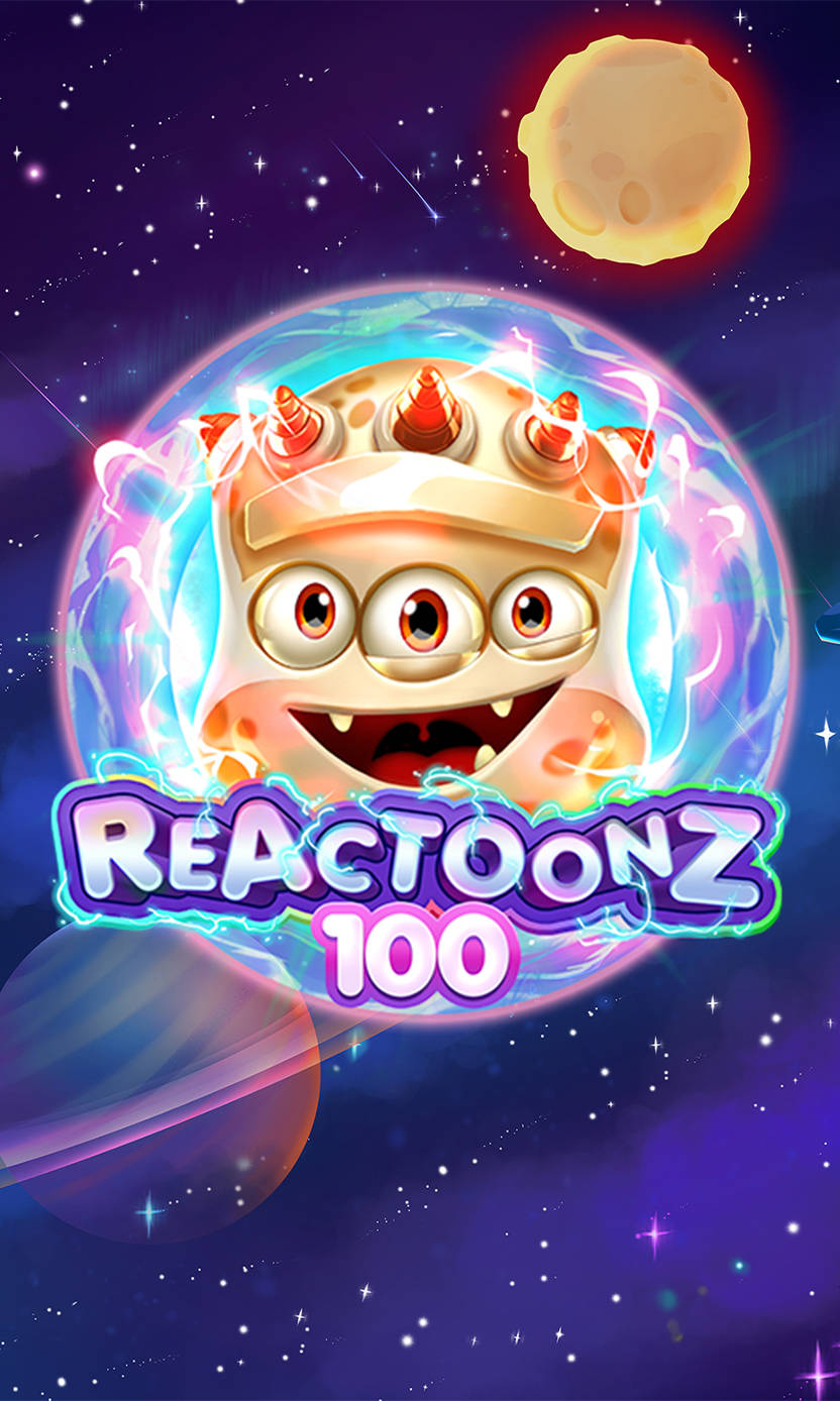 Screenshot of the Reactoonz game grid showing colorful alien symbols and cascade wins.