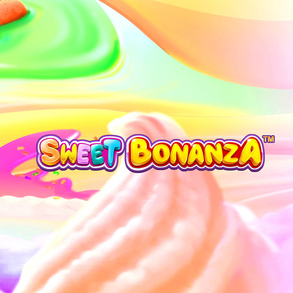Das bunte Icon des Sweet Bonanza Slot-Spiels mit Bonbons und Früchten.