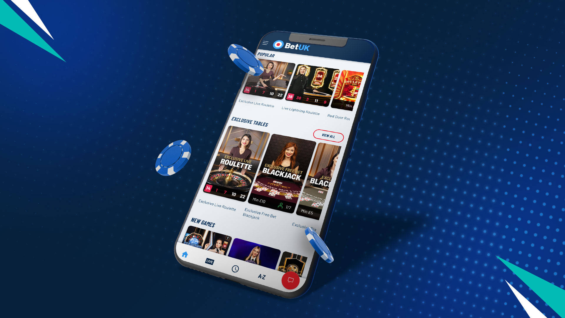 BetUK mobile app showing live roulette, blackjack, and other casino games.