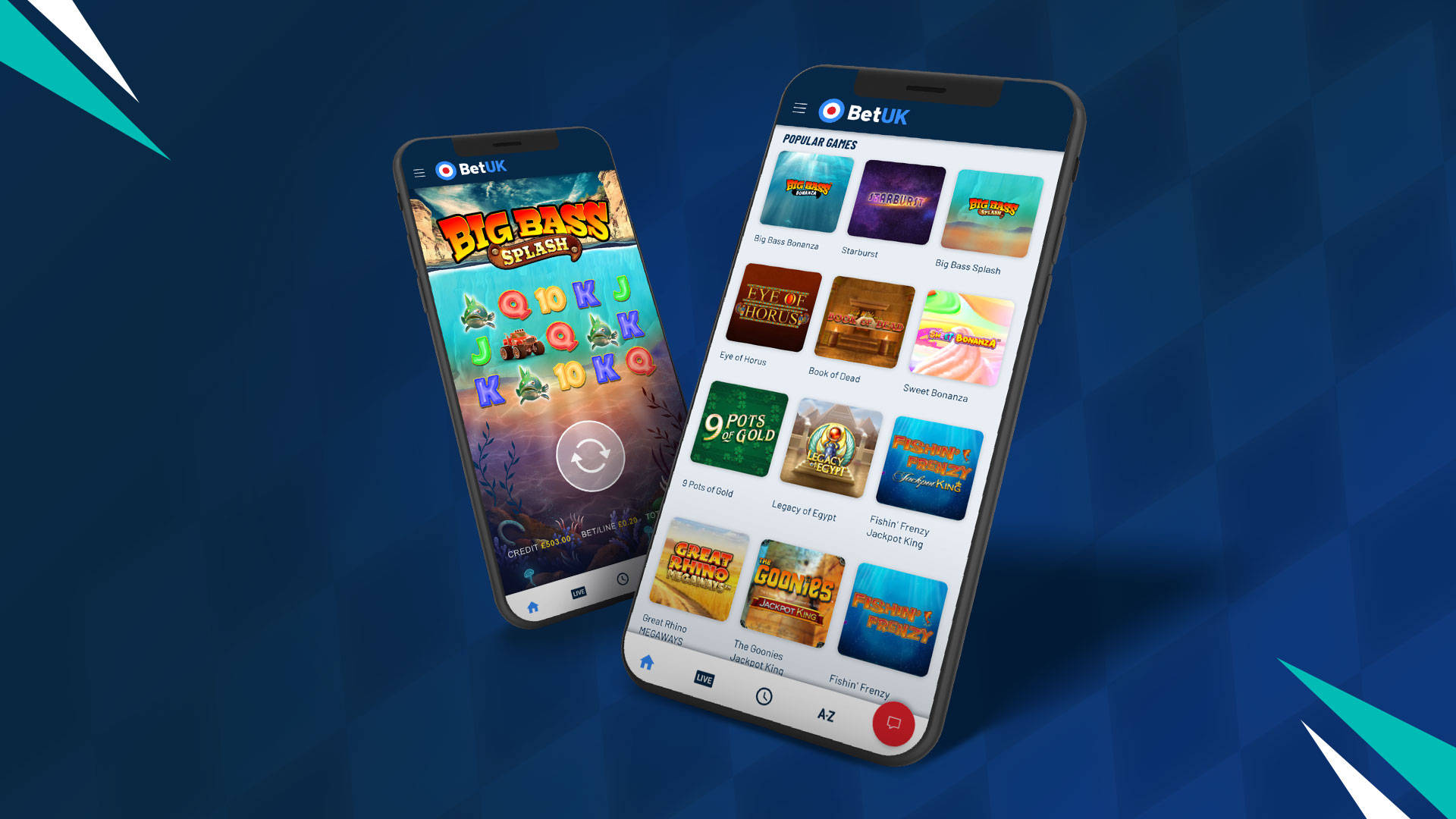 Two phones displaying BetUK casino games, including Big Bass Splash and Fishin' Frenzy Jackpot King.