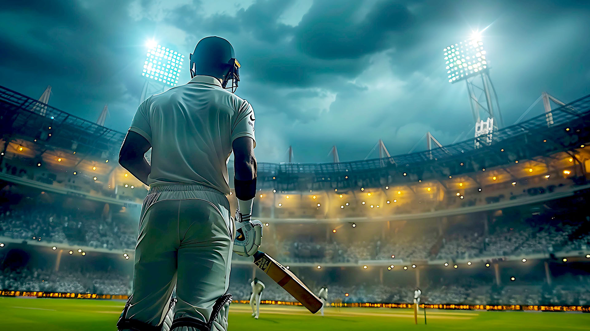 cricket batter approaching wicket in illuminated stadium
